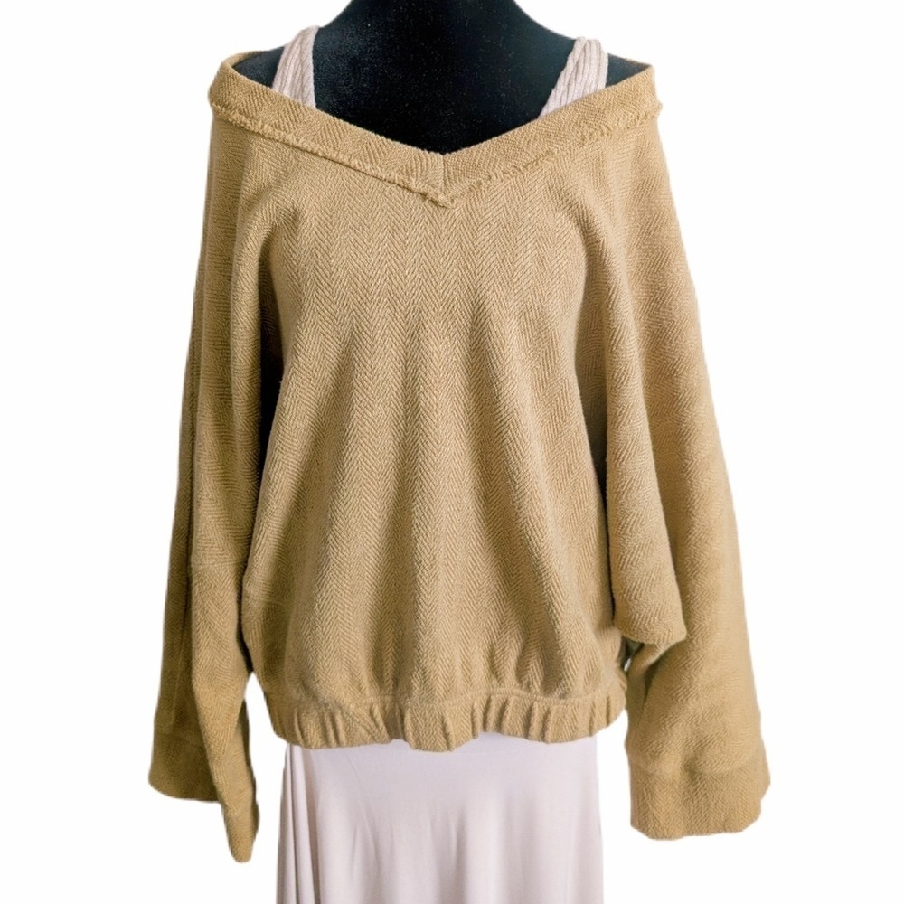 Free People Earthy Lagenlook Boho Camel Twill Knitted Slouchy Sweatshirt